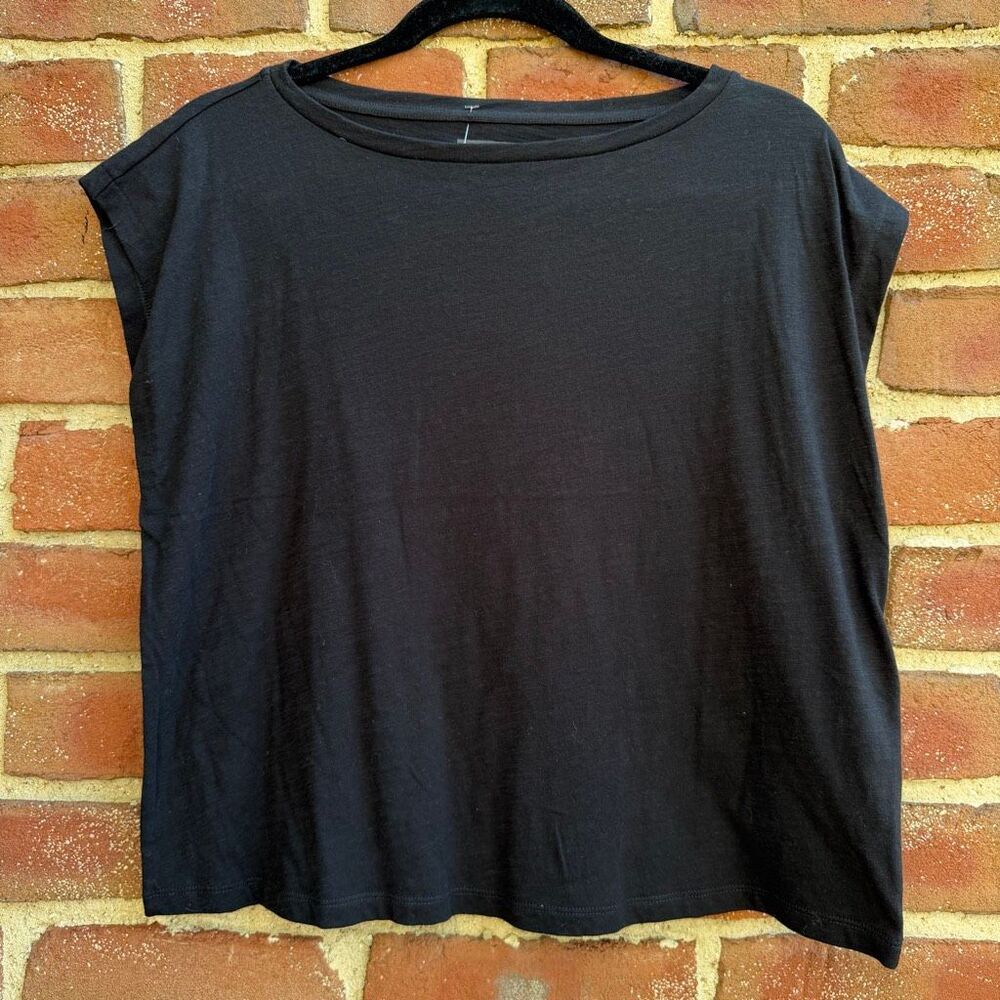 Eileen Fisher Organic Cotton Bateau Neck Boxy Top Black Womens XXS NEW